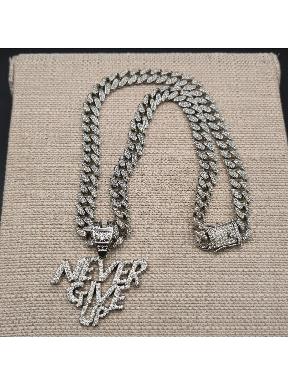 24 Inch Iced Out Never Give Up Pendant Cuban Link Chain Necklace Hip Hop B1543